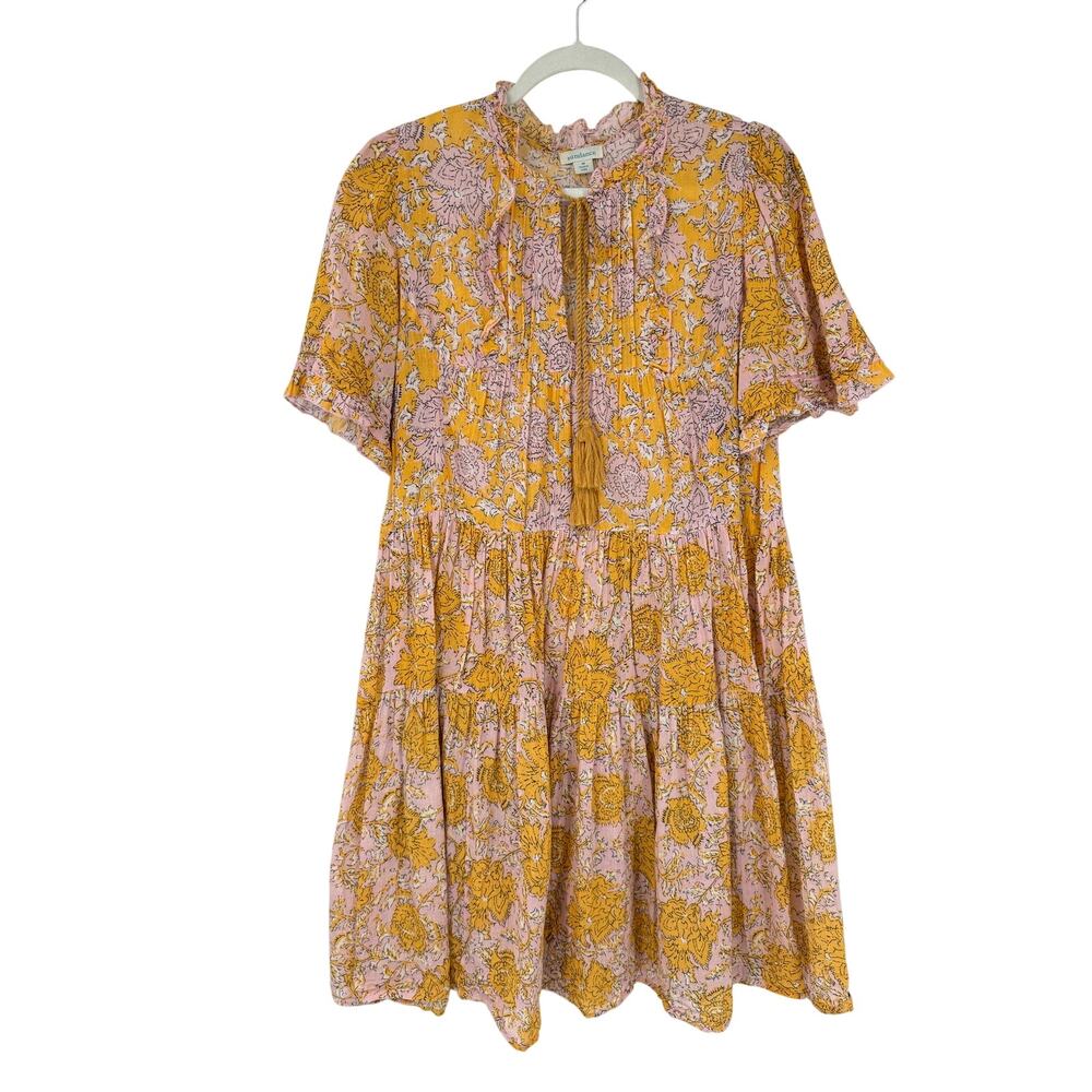 Sundance Womens M Laisella Tiered Short Dress Floral Orange Gauze Cotton Boho